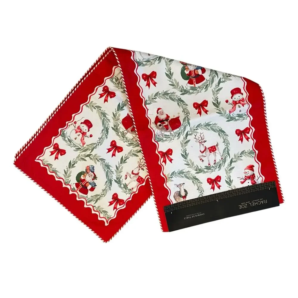 RACHEL ZOE Christmas Table Runner 16x90 Santa Bow Wreath Holiday Red White New